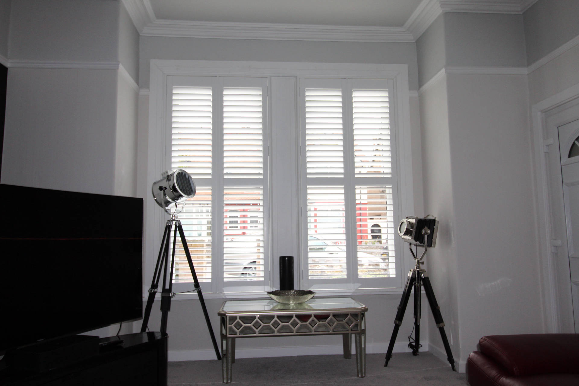 White wooden shutter, inside, open